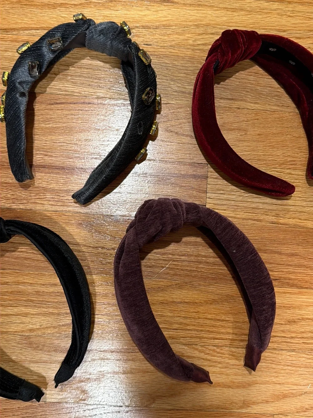 Four Velvet Knotted Headbands - Black, Purple, Maroon, Gray Jeweled